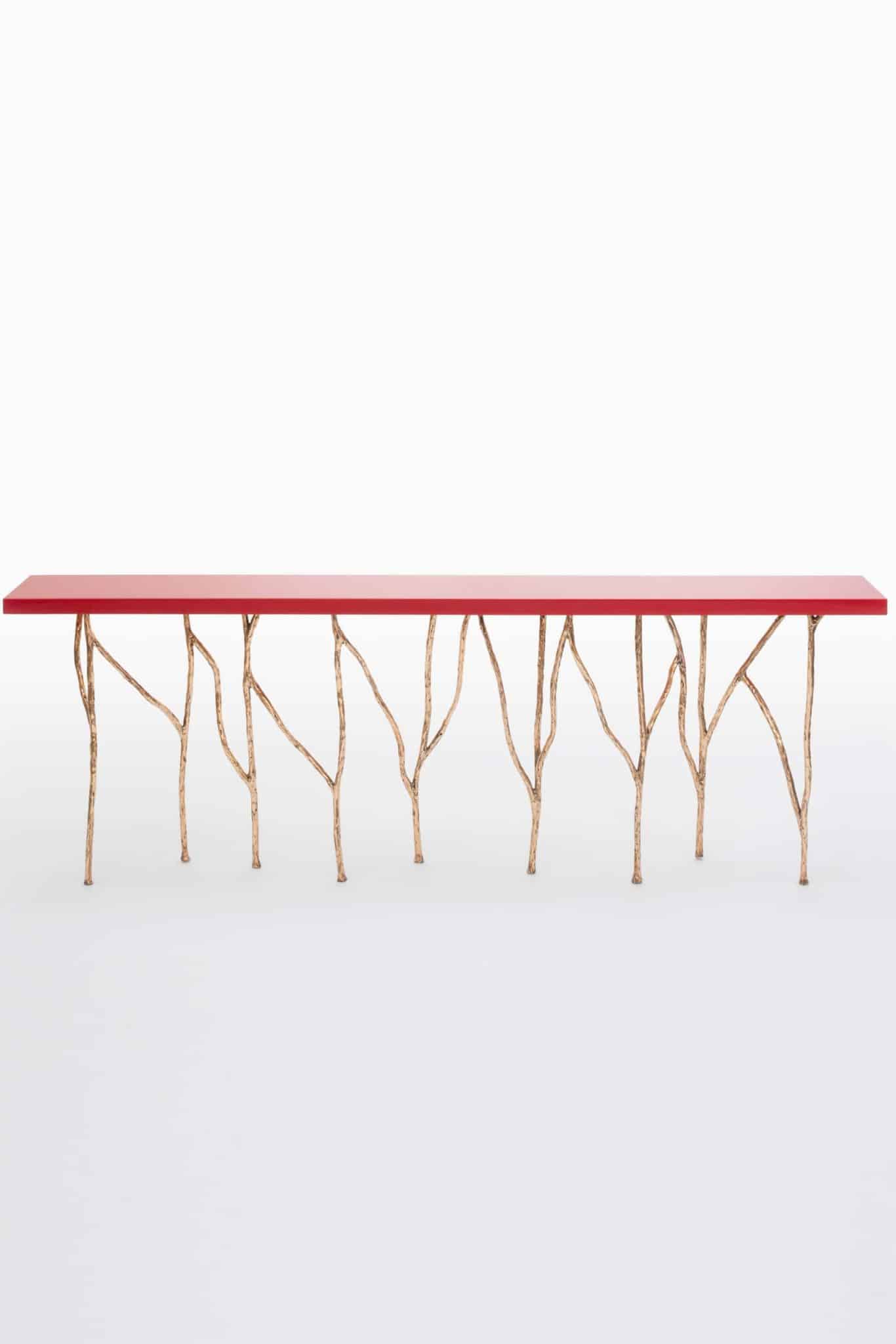 Alga Consolle in Bronze with Natural Wood Laquered in Red