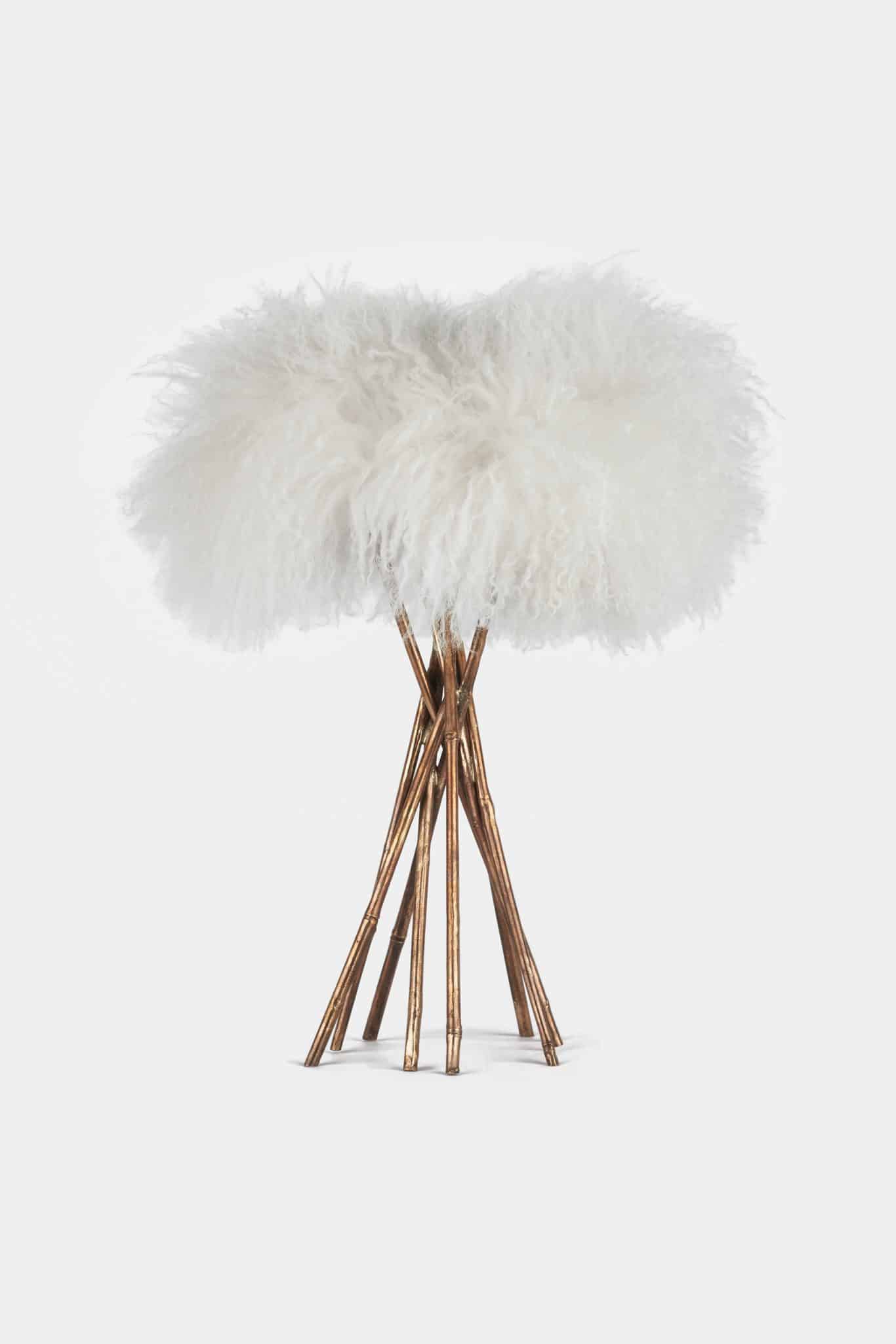 Bamboo Forest Stool in Bronze with Mongolian White Fur