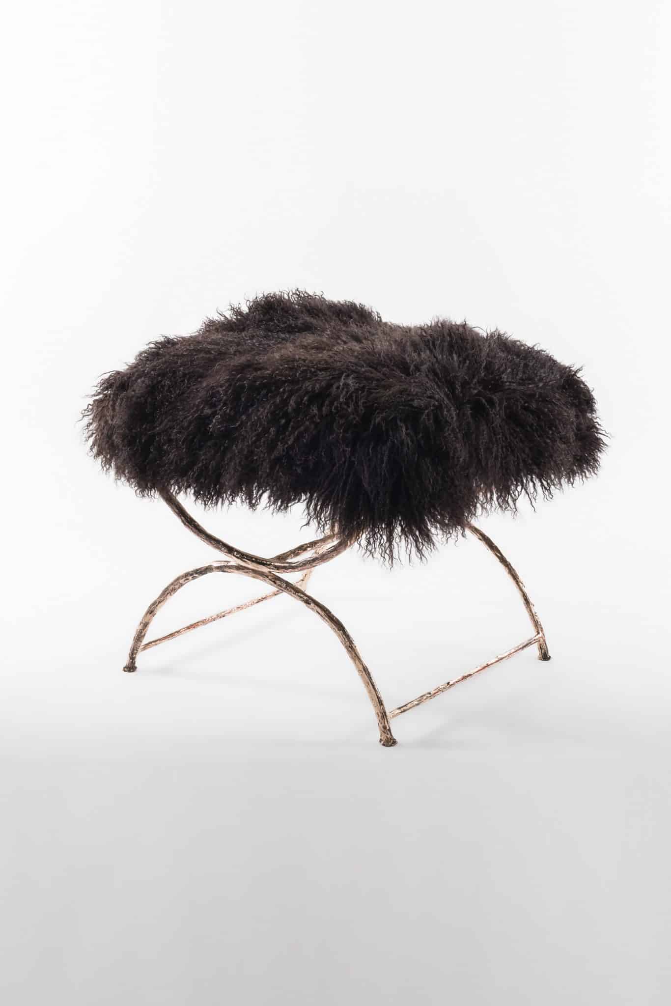 Scottato Stool in Bronze with Black Mongolian Fur